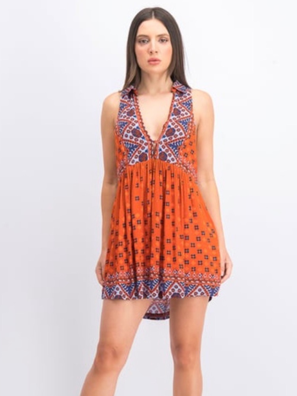 NWT Free People Charlotte Printed Collared Mini Dress, Rust Combo Size S